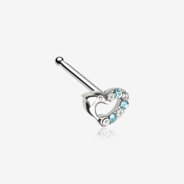 Dolphin Heart Sparkle Nose Stud Ring-Clear Gem/Aqua